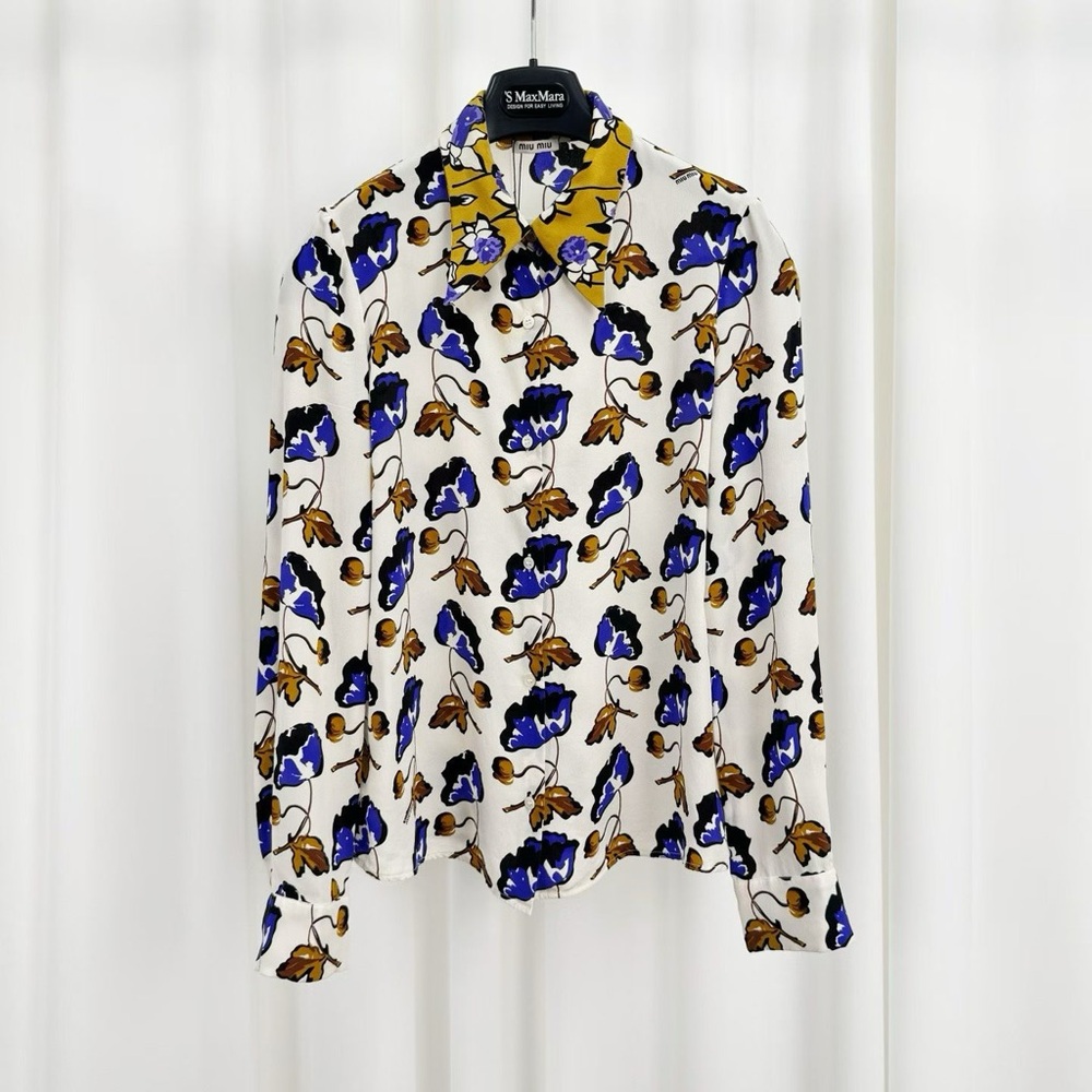 🚩steal authentic Miu Miu Floral Print Men's Shirt - Blue, Brown, and Yellow
